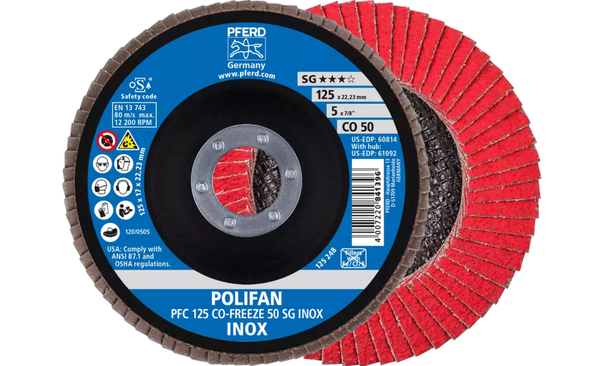 Pferd 60814 Polifan Flap Disc | 7/8" Arbor Hole | 5" Diameter | Ceramic Oxide 50 Grit | Type 29 | Sold by Box of 10