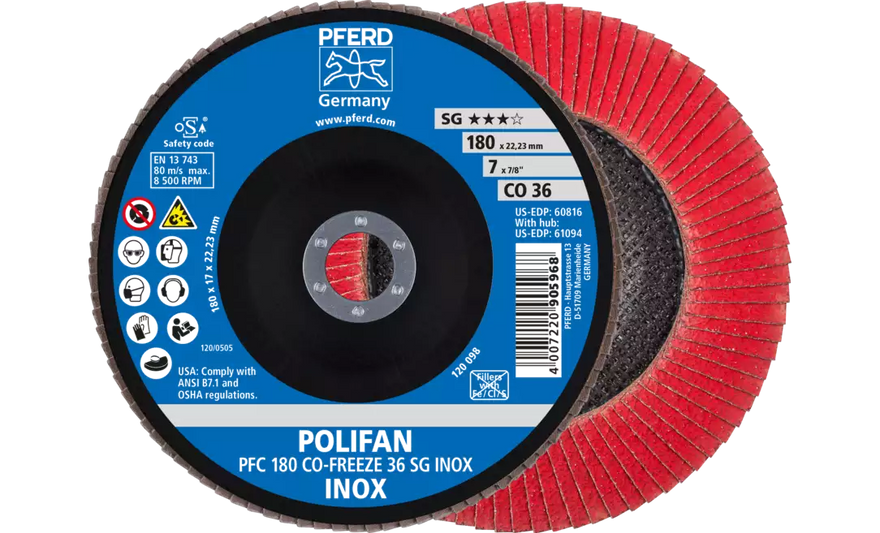 Pferd 60816 Polifan Flap Disc | 7/8" Arbor Hole | 7" Diameter | Ceramic Oxide 36 Grit | Type 29 | Sold by Box of 10