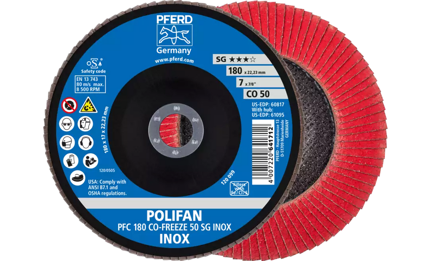 Pferd 60817 Polifan Flap Disc | 7/8" Arbor Hole | 7" Diameter | Ceramic Oxide 50 Grit | Type 29 | Sold by Box of 10