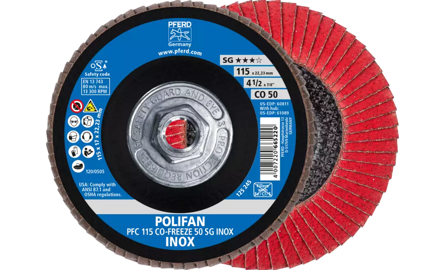 Pferd 61089 Polifan Flap Disc | 5/8-11" Arbor Hole | 4-1/2" Diameter | Ceramic Oxide 50 Grit | Type 29 | Sold by Box of 10