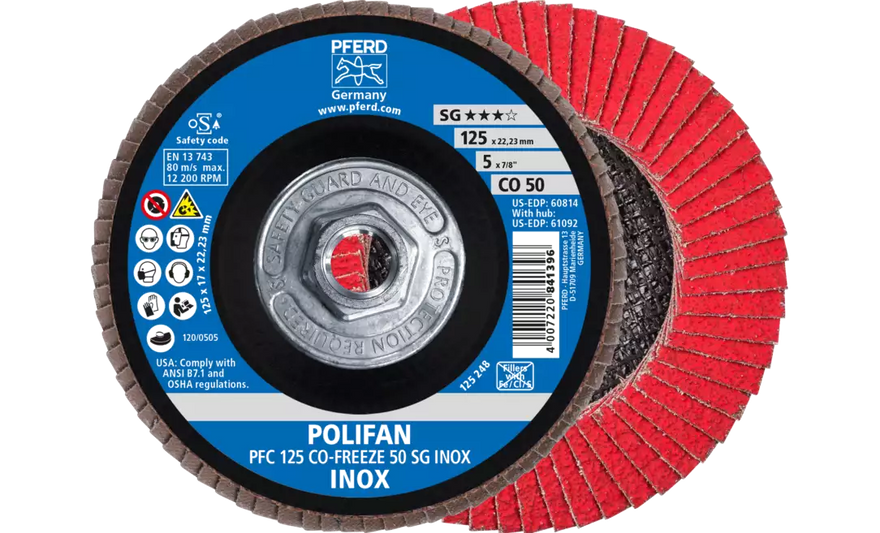 Pferd 61092 Polifan Flap Disc | 5/8-11" Arbor Hole | 5" Diameter | Ceramic Oxide 50 Grit | Type 29 | Sold by Box of 10