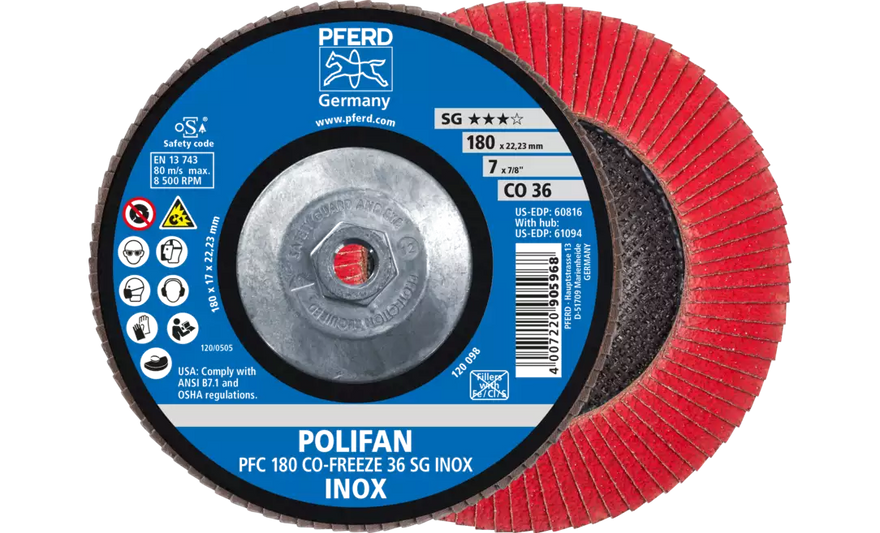 Pferd 61094 Polifan Flap Disc | 5/8-11" Arbor Hole | 7" Diameter | Ceramic Oxide 36 Grit | Type 29 | Sold by Box of 10