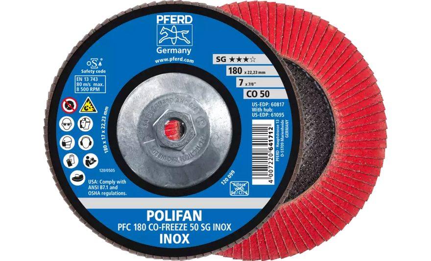 Pferd 61095 Polifan Flap Disc | 5/8-11" Arbor Hole | 7" Diameter | Ceramic Oxide 50 Grit | Type 29 | Sold by Box of 10