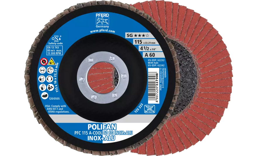 Pferd 62232 Polifan Flap Disc | 4-1/2" Diameter | 7/8" Arbor Hole | Aluminum Oxide 60 Grit | Type 29 | Sold by Box of 10