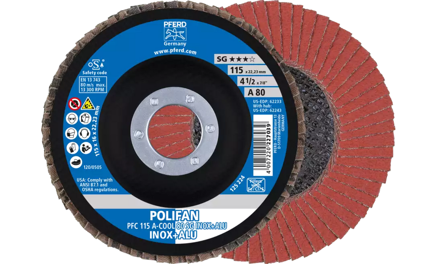 Pferd 62233 Polifan Flap Disc | 4-1/2" Diameter | 7/8" Arbor Hole | Aluminum Oxide 80 Grit | Type 29 | Sold by Box of 10