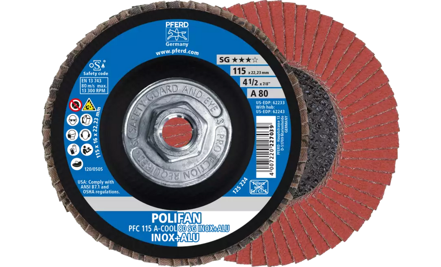 Pferd 62243 Polifan Flap Disc | 4-1/2" Diameter | 5/8-11" Arbor Hole | Aluminum Oxide 80 Grit | Type 29 | Sold by Box of 10