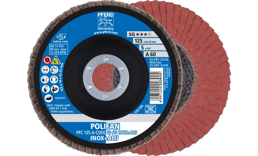 Pferd 62236 Polifan Flap Disc | 5" Diameter | 7/8" Arbor Hole | Aluminum Oxide 60 Grit | Type 29 | Sold by Box of 10