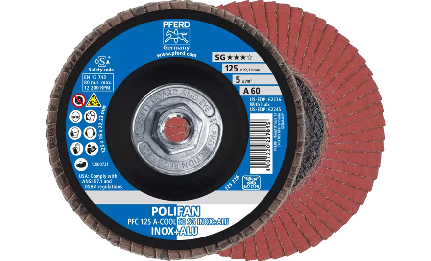 Pferd 62245 Polifan Flap Disc | 5" Diameter | 5/8-11" Arbor Hole | Aluminum Oxide 60 Grit | Type 29 | Sold by Box of 10
