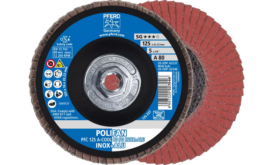 Pferd 62246 Polifan Flap Disc | 5" Diameter | 5/8-11" Arbor Hole | Aluminum Oxide 80 Grit | Type 29 | Sold by Box of 10