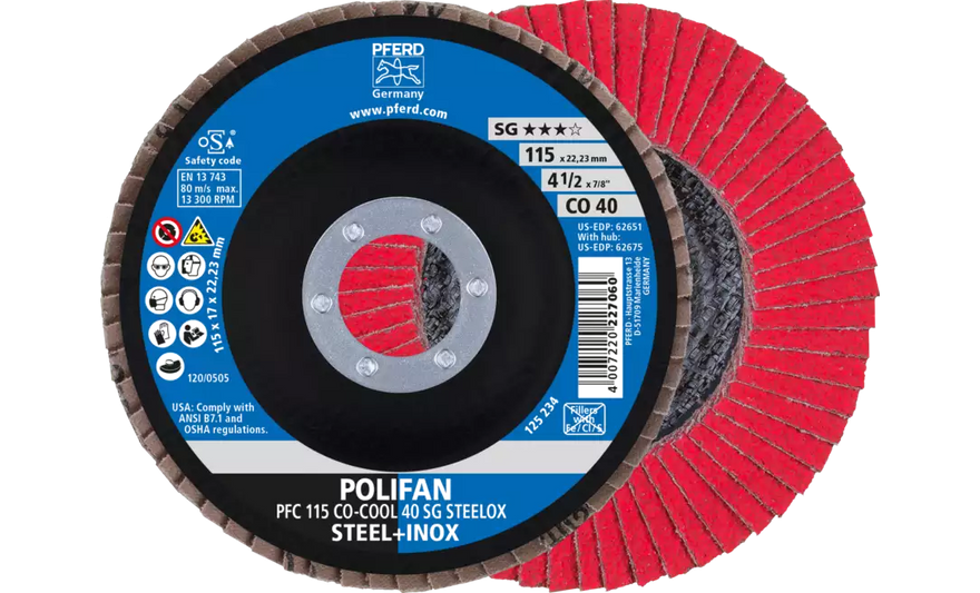 Pferd 62651 Polifan Flap Disc | 7/8" Arbor Hole | 4-1/2" Diameter | Ceramic Oxide 40 Grit | Type 29 | Sold by Box of 10