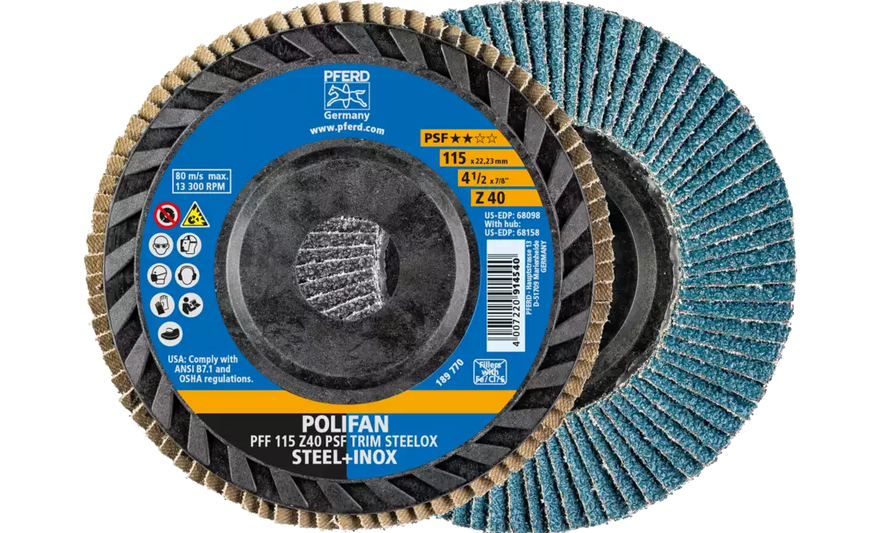 PFERD 68098 Polifan Flap Disc | 7/8" Arbor Hole | 4-1/2" Diameter | Zirconia Alumina 40 Grit | Flat | Sold by Box of 10