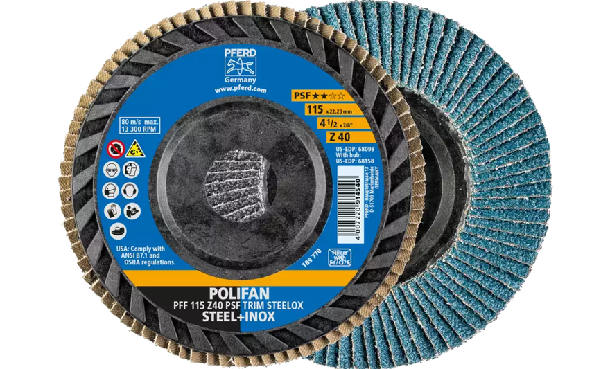 Pferd 68098 Polifan Flap Disc | 7/8" Arbor Hole | 4-1/2" Diameter | Zirconia Alumina 40 Grit | Type 27 | Sold by Box of 10