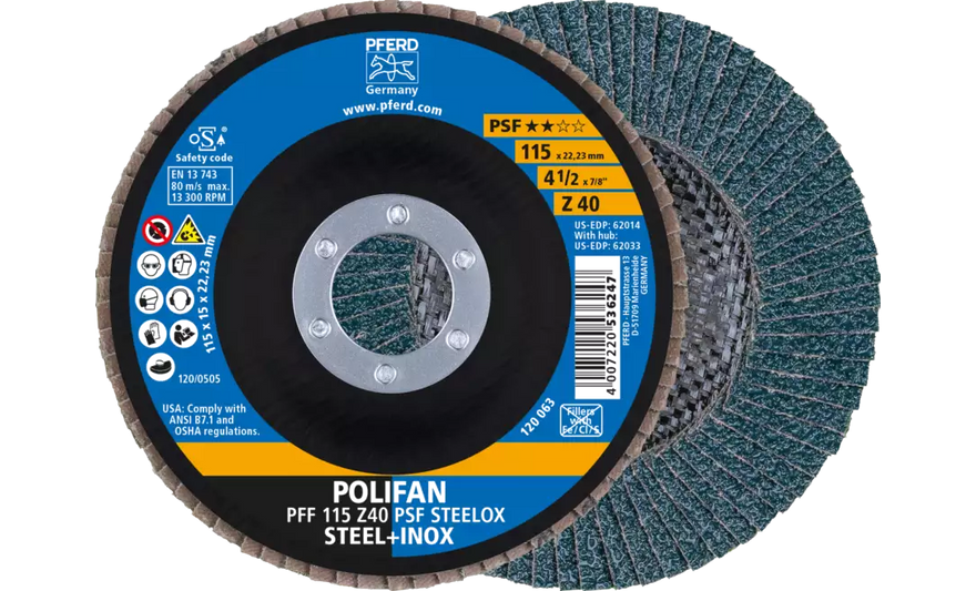 Pferd 62014 Polifan Flap Disc | 7/8" Arbor Hole | 4-1/2" Diameter | Zirconia Alumina 40 Grit | Type 27 | Sold by Box of 10