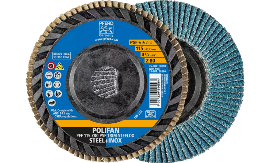 PFERD 68100 Polifan Flap Disc | 7/8" Arbor Hole | 4-1/2" Diameter | Zirconia Alumina 80 Grit | Flat | Sold by Box of 10