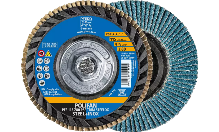 Pferd 68160 Polifan Flap Disc | 5/8-11" Arbor Hole | 4-1/2" Diameter | Zirconia Alumina 80 Grit | Type 27 | Sold by Box of 10