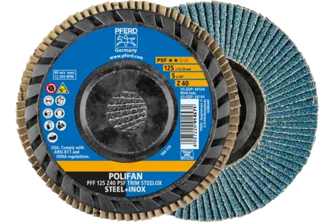 Pferd 68104 Polifan Flap Disc | 7/8" Arbor Hole | 5" Diameter | Zirconia Alumina 40 Grit | Type 27 | Sold by Box of 10