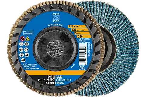 Pferd 68105 Polifan Flap Disc | 7/8" Arbor Hole | 5" Diameter | Zirconia Alumina 60 Grit | Type 27 | Sold by Box of 10