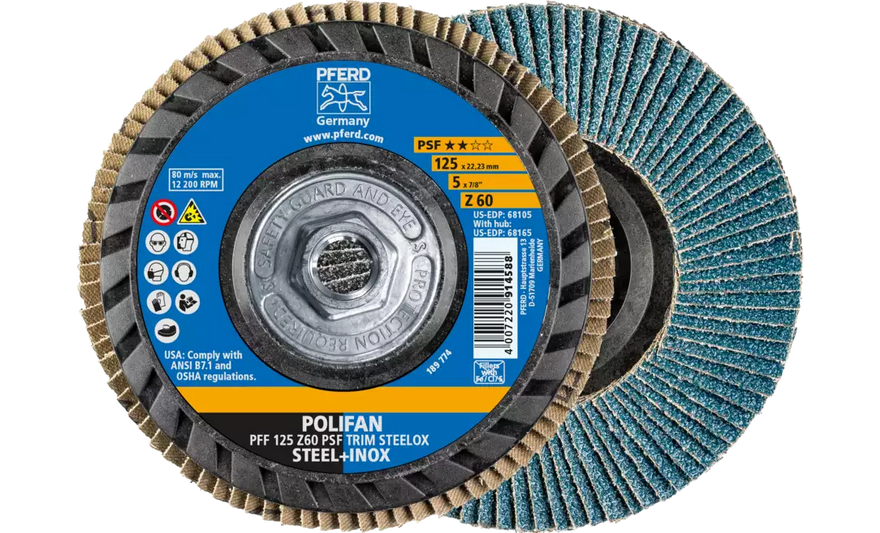Pferd 68165 Polifan Flap Disc | 5/8-11" Arbor Hole | 5" Diameter | Zirconia Alumina 60 Grit | Type 27 | Sold by Box of 10