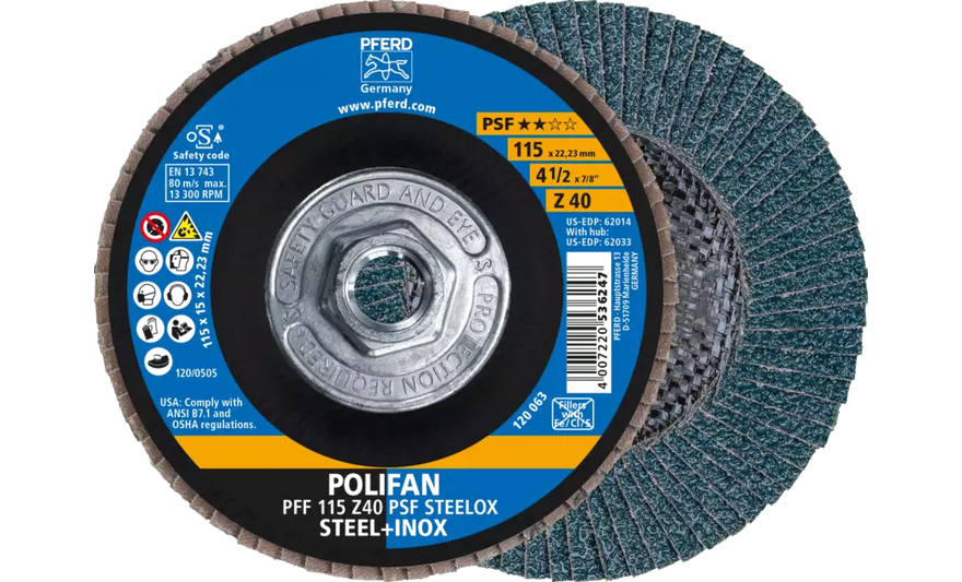 Pferd 62033 Polifan Flap Disc | 5/8-11" Arbor Hole | 4-1/2" Diameter | Zirconia Alumina 40 Grit | Type 27 | Sold by Box of 10