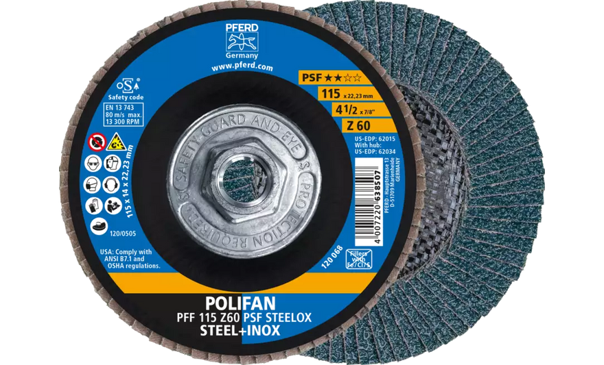 Pferd 62034 Polifan Flap Disc | 5/8-11" Arbor Hole | 4-1/2" Diameter | Zirconia Alumina 60 Grit | Type 27 | Sold by Box of 10