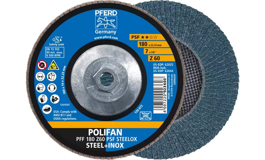 PFERD 62044 Polifan Flap Disc | 5/8-11" Arbor Hole | 7" Diameter | Zirconia Alumina 60 Grit | Flat | Sold by Box of 10