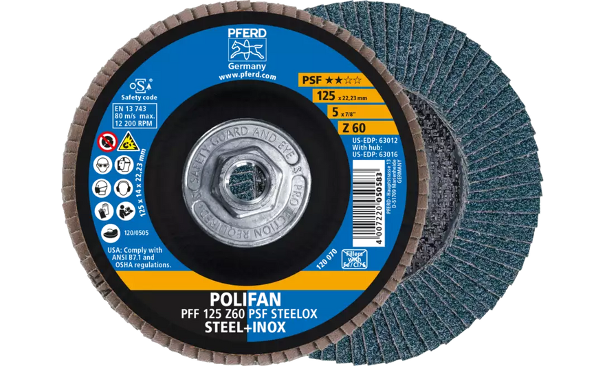 Pferd 63016 Polifan Flap Disc | 5/8-11" Arbor Hole | 5" Diameter | Zirconia Alumina 60 Grit | Type 27 | Sold by Box of 10