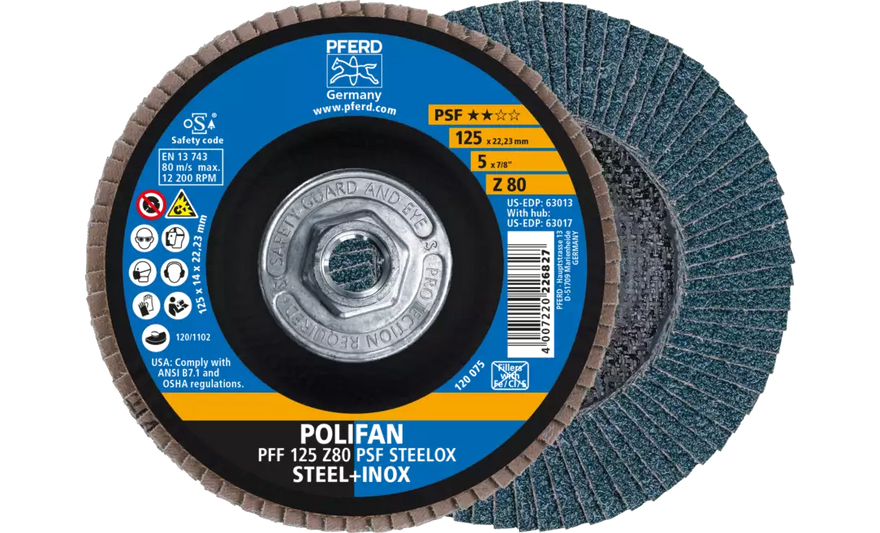 PFERD 63017 Polifan Flap Disc | 5/8-11" Arbor Hole | 5" Diameter | Zirconia Alumina 80 Grit | Flat | Sold by Box of 10