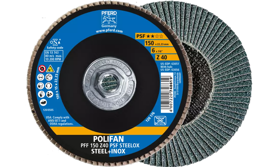 Pferd 63056 Polifan Flap Disc | 5/8-11" Arbor Hole | 6" Diameter | Zirconia Alumina 40 Grit | Type 27 | Sold by Box of 10