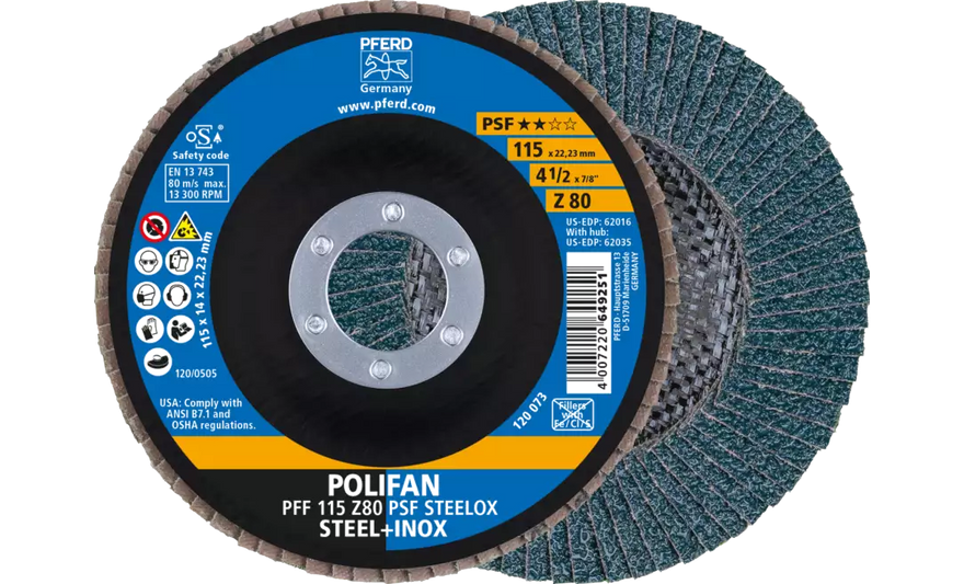 Pferd 62016 Polifan Flap Disc | 7/8" Arbor Hole | 4-1/2" Diameter | Zirconia Alumina 80 Grit | Type 27 | Sold by Box of 10