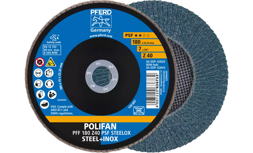 PFERD 62024 Polifan Flap Disc | 7/8" Arbor Hole | 7" Diameter | Zirconia Alumina 40 Grit | Flat | Sold by Box of 10