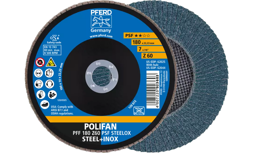 PFERD 62025 Polifan Flap Disc | 7/8" Arbor Hole | 7" Diameter | Zirconia Alumina 60 Grit | Flat | Sold by Box of 10