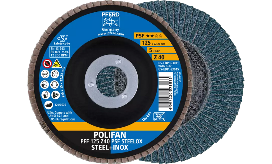 PFERD 63011 Polifan Flap Disc | 7/8" Arbor Hole | 5" Diameter | Zirconia Alumina 40 Grit | Flat | Sold by Box of 10