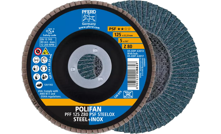 PFERD 63013 Polifan Flap Disc | 7/8" Arbor Hole | 5" Diameter | Zirconia Alumina 80 Grit | Flat | Sold by Box of 10