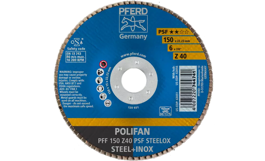 PFERD 63051 Polifan Flap Disc | 7/8" Arbor Hole | 6" Diameter | Zirconia Alumina 40 Grit | Flat | Sold by Box of 10