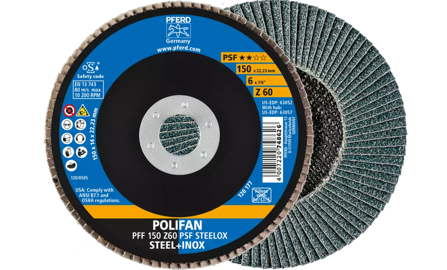 PFERD 63052 Polifan Flap Disc | 7/8" Arbor Hole | 6" Diameter | Zirconia Alumina 60 Grit | Flat | Sold by Box of 10