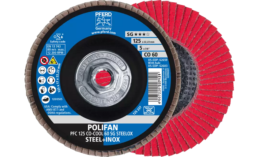 Pferd 62675 Polifan Flap Disc | 5/8-11" Arbor Hole | 4-1/2" Diameter | Ceramic Oxide 40 Grit | Type 29 | Sold by Box of 10