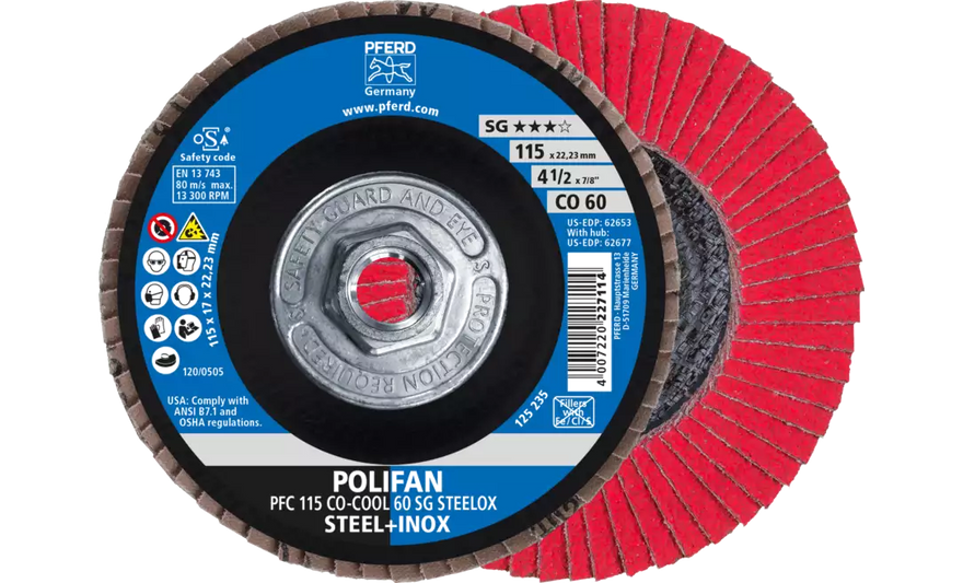 Pferd 62677 Polifan Flap Disc | 5/8-11" Arbor Hole | 4-1/2" Diameter | Ceramic Oxide 60 Grit | Type 29 | Sold by Box of 10