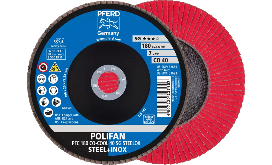 PFERD 62669 Polifan Flap Disc | 7/8" Arbor Hole | 7" Diameter | Ceramic Oxide 40 Grit | Conical | Sold by Box of 10