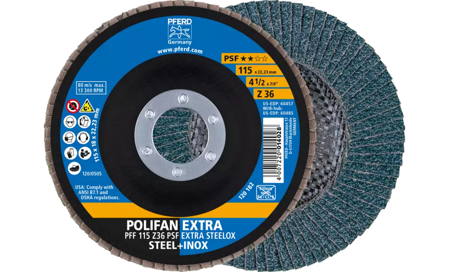 Pferd 60457 Polifan Flap Disc | 7/8" Arbor Hole | 4-1/2" Diameter | Zirconia Alumina 36 Grit | Type 27 | Sold by Box of 10