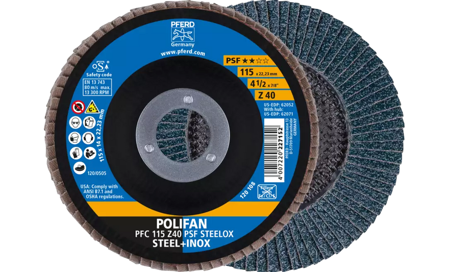 Pferd 62052 Polifan Flap Disc | 7/8" Arbor Hole | 4-1/2" Diameter | Zirconia Alumina 40 Grit | Type 29 | Sold by Box of 10