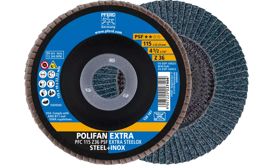 PFERD 60625 Polifan Flap Disc | 7/8" Arbor Hole | 4-1/2" Diameter | Zirconia Alumina 36 Grit | Type 29 | Sold by Box of 10