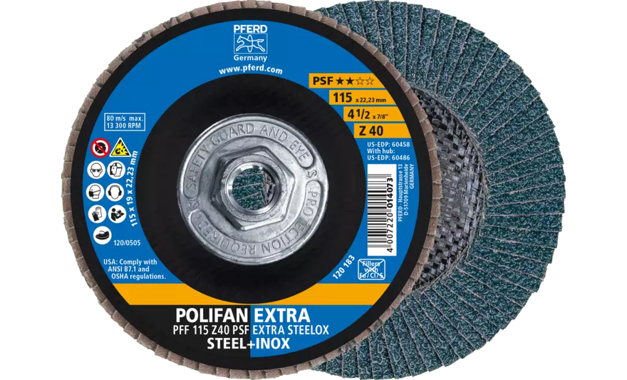 PFERD 60486 Polifan Flap Disc | 5/8-11" Arbor Hole | 4-1/2" Diameter | Zirconia Alumina 40 Grit | Type 27 | Sold by Box of 10