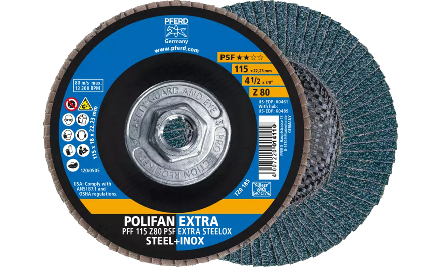 PFERD 60489 Polifan Flap Disc | 5/8-11" Arbor Hole | 4-1/2" Diameter | Zirconia Alumina 80 Grit | Type 27 | Sold by Box of 10