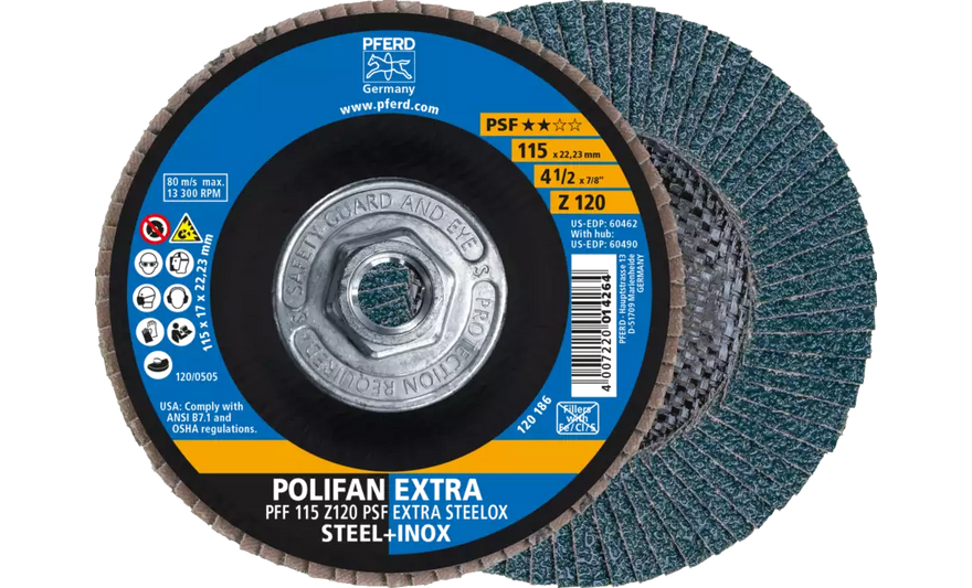 Pferd 60490 Polifan Flap Disc | 5/8-11" Arbor Hole | 4-1/2" Diameter | Zirconia Alumina 120 Grit | Type 27 | Sold by Box of 10
