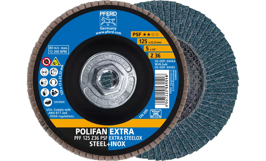 PFERD 60492 Polifan Flap Disc | 5/8-11" Arbor Hole | 5" Diameter | Zirconia Alumina 36 Grit | Type 27 | Sold by Box of 10