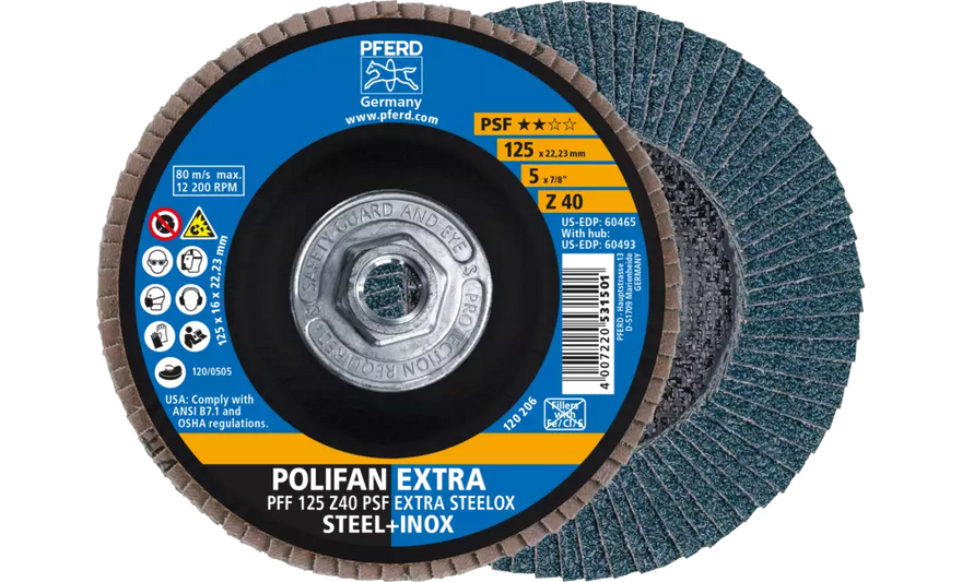 Pferd 60493 Polifan Flap Disc | 5/8-11" Arbor Hole | 5" Diameter | Zirconia Alumina 40 Grit | Type 27 | Sold by Box of 10