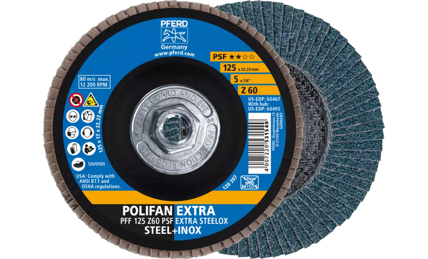 PFERD 60495 Polifan Flap Disc | 5/8-11" Arbor Hole | 5" Diameter | Zirconia Alumina 60 Grit | Type 27 | Sold by Box of 10