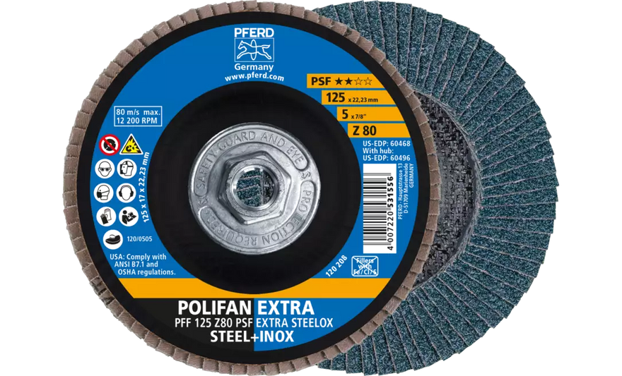 PFERD 60496 Polifan Flap Disc | 5/8-11" Arbor Hole | 5" Diameter | Zirconia Alumina 80 Grit | Type 27 | Sold by Box of 10