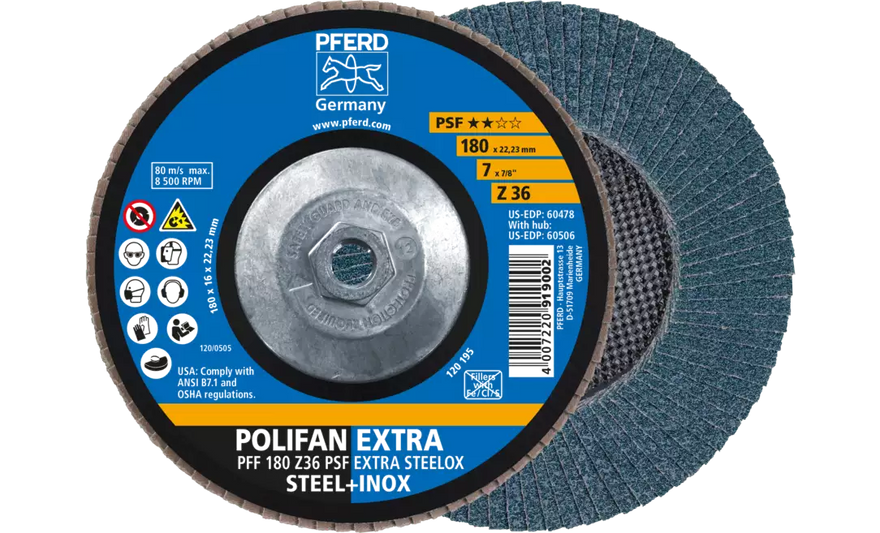 Pferd 60506 Polifan Flap Disc | 5/8-11" Arbor Hole | 7" Diameter | Zirconia Alumina 36 Grit | Type 27 | Sold by Box of 10