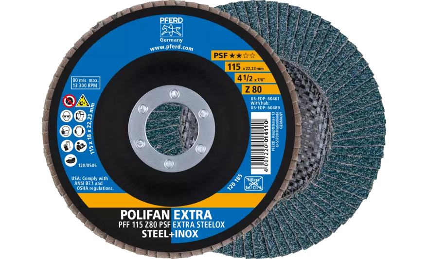 Pferd 60461 Polifan Flap Disc | 7/8" Arbor Hole | 4-1/2" Diameter | Zirconia Alumina 80 Grit | Type 27 | Sold by Box of 10